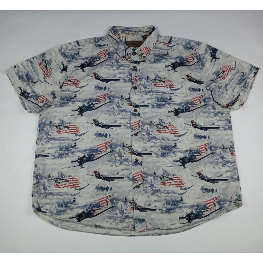ClearWater Button Shirt All Over Print WW2 Fighter Planes U.S. Flags Men's 2XL